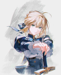 1girl ahoge artoria_pendragon_(fate) blonde_hair blue_dress blue_ribbon bun_with_braided_base closed_mouth curtained_hair dress excalibur_(fate/stay_night) fate_(series) frilled_sleeves frills frown green_eyes grey_background hair_between_eyes hair_intakes hair_ribbon hands_on_hilt high-waist_dress highres juliet_sleeves long_hair long_sleeves looking_at_viewer o0oherb puffy_sleeves ribbon saber_(fate) saber_(honkai:_star_rail)_(fate) simple_background solo upper_body