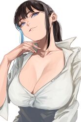 1girl breasts brown_hair cleavage collarbone collared_shirt colored_inner_hair fingernails hand_on_own_chin highres large_breasts long_hair looking_at_viewer multicolored_hair original partially_unbuttoned purple_eyes rasetsu001 shirt simple_background solo torso white_background white_shirt