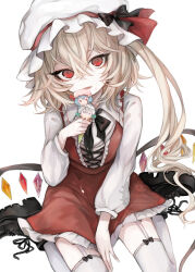 1girl :| adapted_costume alternate_footwear black_boots black_bow black_bowtie black_ribbon blush boots bow bowtie character_print closed_mouth commentary_request crystal dress eyelashes flandre_scarlet frilled_dress frilled_shirt_collar frills garter_straps hair_between_eyes hasunokaeru hat hat_bow hat_ribbon head_tilt highres ice_cream_cone izayoi_sakuya lace-up_boots long_sleeves mob_cap one_side_up red_bow red_dress red_eyes red_ribbon remilia_scarlet revision ribbon shirt short_hair side_ponytail simple_background sitting skirt solo thighhighs touhou wariza white_background white_hat white_shirt white_thighhighs wings
