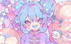 1girl :3 blue_hair blush chinese_clothes chinese_knot chromatic_aberration commentary dated_commentary earclip eyelashes eyes_visible_through_hair food hair_between_eyes hair_intakes hair_ornament hairclip jacket medium_hair open_mouth original ozureiji pink_eyes purple_jacket sanpaku smile solo steamed_bun tassel tsurime upper_body