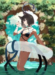 1girl absurdres animal_ear_fluff animal_ears bare_arms bare_shoulders bikini black_eyes black_hair black_tail blue_archive blue_bikini blue_halo blue_tail blush breasts cat_ears cat_girl cat_tail closed_mouth gradient_tail halo highres innertube kikyou_(blue_archive) kikyou_(swimsuit)_(blue_archive) layered_bikini looking_at_viewer matsumoto_yutaka medium_breasts multiple_tails official_alternate_costume outdoors short_hair solo standing swim_ring swimsuit tail two_tails wading water wet