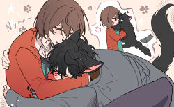 ... 2boys akechi_gorou amamiya_ren black_cat black_hair brown_hair cat cat_boy flat_color fsmaichobpeg0 grey_shirt highres male_focus multiple_boys multiple_views persona persona_5 red_shirt shirt short_hair spoken_ellipsis yaoi
