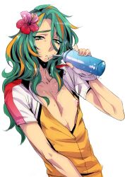 1boy :o bare_pectorals bike_jersey blush bottle collarbone curtained_hair cycling_uniform drinking_straw fingerless_gloves flower gloves green_eyes green_hair hair_flower hair_ornament hair_over_shoulder hibiscus holding holding_bottle index_finger_raised linea_alba makishima_yuusuke mole mole_under_eye mole_under_mouth multicolored_hair multiple_moles nipple_slip nipples orange_hair parted_bangs parted_lips partially_unzipped pectorals pink_flower puffy_nipples raised_inner_eyebrows short_sleeves simple_background streaked_hair sweat tareme trap upper_body water_bottle wavy_hair white_background white_gloves yamada_3 yowamushi_pedal