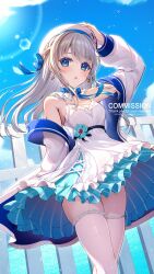 1girl beret blue_eyes blush breasts cleavage commentary_request commission dress earrings fence grey_hair hair_between_eyes hair_ornament hat highres indie_virtual_youtuber jacket jewelry looking_at_viewer medium_breasts mole mole_under_eye nagino_mashiro niwatori_(satoru0201) sky solo thighhighs virtual_youtuber