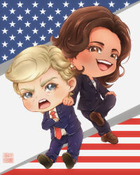 1boy 1girl absurdres american_flag_background anagatajavanese black_jacket black_pants blonde_hair blue_jacket blue_pants brown_eyes brown_hair chibi chibi_only dark-skinned_female dark_skin donald_trump dress_pants earrings formal_clothes grey_eyes highres jacket jewelry kamala_harris necklace necktie pant_suit pants pearl_necklace real_life red_lips red_necktie suit suit_jacket