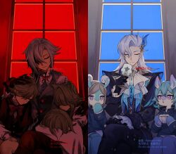 3boys 4girls animal_ear_fluff animal_ears arlecchino_(genshin_impact) artist_name ascot black_gloves black_hair black_jacket black_pants black_suit black_vest blue_hair blue_jacket blue_sky bow bowtie brother_and_sister brothers brown_hair buttons cat_ears cat_girl closed_eyes closed_mouth collared_jacket commentary_request crossed_bangs crossed_legs cup dated drinking_glass expressionless eyelashes feather_hair_ornament feathers formal_clothes freminet_(genshin_impact) genshin_impact gloves grey_hair hair_ornament hair_over_eyes hair_over_one_eye hand_on_another&#039;s_head hand_on_another&#039;s_shoulder hand_to_own_mouth highres holding holding_cup jacket lapels long_hair long_sleeves lynette_(genshin_impact) lyney_(genshin_impact) melusine_(genshin_impact) multicolored_hair multiple_boys multiple_girls neuvillette_(genshin_impact) ojo_aa one_eye_covered open_clothes open_jacket open_mouth opposing_sides pants parted_bangs purple_eyes red_bow red_bowtie red_sky shirt short_hair siblings signature sitting sky streaked_hair suit swept_bangs teacup twitter_username vest watermark white_ascot white_hair white_jacket white_shirt window wine_glass