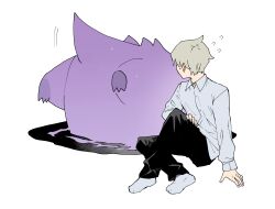 1boy arm_at_side black_pants collared_shirt diving dress_shirt facing_another facing_to_the_side flying_sweatdrops gen_1_pokemon gengar grey_hair grey_shirt grey_socks hiding highres knee_up long_sleeves newo_(shinra-p) nintendo no_shoes original pants pokemon pokemon_(creature) shadow shirt short_hair simple_background sitting socks soles upside-down white_background