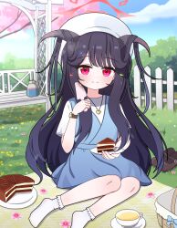 1girl absurdres bench black_hair blue_archive blue_dress blue_sky brown_shoes cake cherry_tree cloud commentary cup day dress fence flower food fuuka_(blue_archive) fuuka_(casual)_(blue_archive) goat_horns grass halo hat highres holding holding_knife holding_plate horns jewelry knife long_hair looking_at_viewer necklace no_shoes official_alternate_costume on_ground outdoors picnic picnic_basket picnic_blanket plant plate red_eyes red_halo shirt shoes sky smile socks solo thsakana watch white_hat white_shirt white_socks wristwatch