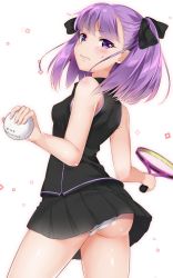 1girl ass back bad_id bad_twitter_id ball bare_arms bare_shoulders black_ribbon black_shirt black_skirt blunt_bangs blush bow bow_panties breasts closed_mouth cowboy_shot fate/grand_order fate_(series) female_focus from_behind hair_ornament hair_ribbon hands_up helena_blavatsky_(fate) highres holding holding_ball legs_apart lips long_hair looking_at_viewer looking_back miniskirt nishimi_shin panties panties_peek pantyshot pink_lips purple_eyes purple_hair racket ribbon shirt short_hair simple_background skirt sleeveless small_breasts solo sportswear standing sweatdrop tennis_racket tennis_uniform twintails underwear upskirt white_background white_panties