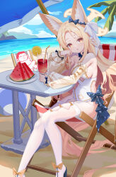 1boy 1girl absurdres alternate_costume animal_ear_fluff bare_shoulders beach blonde_hair blue_archive blue_bow blue_shoes bow breasts detached_sleeves doodle_sensei_(blue_archive) forehead fox_girl fox_tail hair_bow hair_ribbon high_heels highres lazgear long_hair looking_at_viewer ocean one-piece_swimsuit open_clothes open_mouth pink_eyes ribbon seia_(blue_archive) sensei_(blue_archive) shoes sideboob sidelocks sitting swimsuit tail thighhighs white_one-piece_swimsuit white_ribbon white_thighhighs yellow_sleeves
