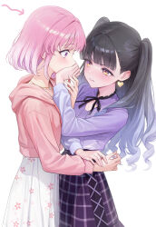 2girls absurdres akagi_yuina black_hair blush checkered_clothes checkered_skirt commentary_request earrings embarrassed floral_print hand_on_another&#039;s_face highres jacket jewelry long_hair long_skirt long_sleeves maebashi_witches medium_hair multiple_girls necklace niisato_azu nose_blush pink_eyes pink_hair rejected_kiss simple_background skirt tag_(tf18080512) twintails white_background yellow_eyes yuri