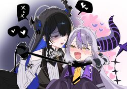 Rule 34 | 2girls, ahoge, asymmetrical horns, black bow, black bowtie, black gloves, black hair, black horns, black necktie, black vest, blue hair, blush, bow, bowtie, braid, braided bangs, buttons, clothing cutout, coat, collar, collared shirt, colored inner hair, commentary, demon horns, double-breasted, double-parted bangs, dress shirt, drooling, ear blush, flower, gloves, grey hair, heart, heavy breathing, highres, hololive, hololive english, horn flower, horns, la+ darknesss, la+ darknesss (1st costume), leash, leash pull, long hair, long sleeves, looking at another, metal collar, mouth drool, multicolored hair, multiple girls, necktie, nerissa ravencroft, nerissa ravencroft (1st costume), open mouth, pointy ears, purple coat, purple hair, red eyes, ribbed shirt, shaded face, shirt, shoulder cutout, sidelocks, sleeves past fingers, sleeves past wrists, slit pupils, spoken heart, streaked hair, striped horns, tail, uneven horns, very long hair, vest, virtual youtuber, white shirt, yellow eyes, yellow necktie, yomosaka, yuri