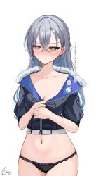 1girl :t @_@ areola_slip black_choker black_jacket black_panties blush bow bow_panties breasts choker cleavage collarbone commentary_request crop_top cropped_jacket fur-trimmed_jacket fur_trim grey_eyes grey_hair highres honkai:_star_rail honkai_(series) jacket lowleg lowleg_panties navel no_pants panties puffy_short_sleeves puffy_sleeves ranran_3939 short_sleeves silver_wolf_(honkai:_star_rail) simple_background solo stomach translation_request underwear white_background