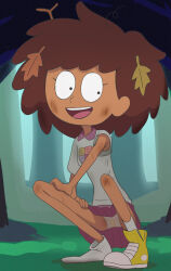 1girl :d amphibia anne_boonchuy armpit_crease brown_hair dark-skinned_female dark_skin dirty dirty_clothes dirty_face dirty_sock disney full_body haruyama_kazunori leaves_on_hair long_hair looking_at_viewer no_eyebrows official_style one_shoe one_shoe_off one_shoe_removed open_mouth outdoors panties pantyshot pee_stain shoes skirt smile sneakers socks solo squatting stained_panties toon_(style) tree underwear upskirt white_panties white_socks yellow_shoes