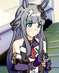 Rule 34 | 1girl, animal ears, blue eyes, blurry, blurry background, blush, breasts, chrono genesis (umamusume), closed mouth, commentary request, dabai0706, detached sleeves, fingerless gloves, gloves, grey hair, hair between eyes, hair ornament, highres, horse ears, horse girl, long hair, paper, pen, portrait, real life insert, solo, umamusume, writing