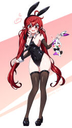 Rule 34 | 1girl, animal ear hairband, animal ears, bare shoulders, black leotard, black necktie, black thighhighs, dungeon and fighter, elbow gloves, fake animal ears, female mage (dungeon and fighter), gloves, hair between eyes, hairband, highres, leotard, long hair, looking at viewer, necktie, pink background, playboy bunny, rabbit ear hairband, rabbit ears, red eyes, red hair, solo, thighhighs, thighs, tw ctt, twintails, two-tone background, white background
