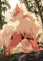 absurdres animal_focus arcanine bright_pupils brown_eyes claws closed_mouth commentary_request fang game_freak gen_1_pokemon highres kechon-san nintendo no_humans pokemon pokemon_(creature) smile standing tree white_pupils