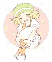 1girl 2017 ;d antenna_hair beret bianca_(pokemon) blonde_hair creatures_(company) dated full_body game_freak green_eyes green_hat hair_flaps hat katiko nintendo no_nose one_eye_closed open_mouth orange_pantyhose pantyhose pokemon pokemon_bw puffy_short_sleeves puffy_sleeves shoes short_sleeves single_horizontal_stripe sitting skirt smile solo teeth twitter_username white_shoes white_skirt wristband