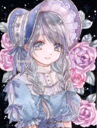 1girl black_hair blue_eyes braid flower long_hair looking_at_viewer nazumi_shiho original painting_(medium) pink_flower purple_flower short_sleeves solo traditional_media twin_braids upper_body