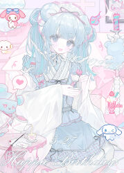 1girl absurdres animal_ears bear_ears blue_eyes blue_hair bow cake commentary_request cup cupcake double_bun food frills hair_bun heart highres holding japanese_clothes kimono long_hair long_sleeves looking_at_viewer multicolored_hair open_mouth original pastel_colors ribbon shi_mita sitting smile solo spoken_heart stuffed_animal stuffed_toy wide_sleeves