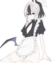 1girl alternate_costume apron black_hair black_horns black_shirt black_wings blue_archive demon_horns flat_color grey_hair groin hair_between_eyes halo highres horns kayoko_(blue_archive) looking_at_viewer multicolored_hair no_panties partially_unbuttoned ponytail red_eyes shirt short_sleeves sidelocks simple_background single_wing solo thighhighs two-tone_hair ugai0524 white_apron white_background white_thighhighs wings