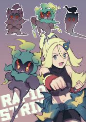 1girl bike_shorts black_gloves blonde_hair breasts chikiso clenched_hand clenched_hands colored_sclera creatures_(company) fingerless_gloves game_freak gen_7_pokemon gloves green_ribbon grey_background grey_eyes hair_between_eyes hair_ornament korrina_(pokemon) korrina_(sygna_suit)_(pokemon) legendary_pokemon long_hair looking_at_viewer marshadow marshadow_(zenith) midriff mythical_pokemon navel nintendo official_alternate_costume open_mouth pokemon pokemon_(creature) pokemon_masters_ex ponytail red_sclera ribbon shirt simple_background sleeveless sleeveless_shirt upper_body yellow_eyes