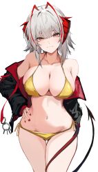 1girl absurdres antenna_hair arknights arm_at_side armpit_crease bare_shoulders bikini black_jacket breasts cleavage closed_mouth collarbone commentary_request demon_horns demon_tail fingernails gluteal_fold gold_bikini halterneck hand_on_own_hip highres horns jacket large_breasts light_blush light_smile looking_at_viewer multicolored_jacket nail_polish navel nekomatamago off_shoulder open_clothes open_jacket red_horns red_jacket red_nails red_trim shiny_clothes short_hair side-tie_bikini_bottom simple_background solo stomach swimsuit tail thigh_gap thighs two-tone_jacket w_(arknights) white_hair wide_hips yellow_eyes