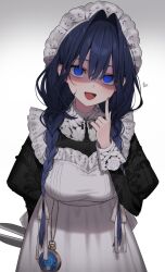 Rule 34 | 1girl, aotake iro, apron, black dress, black hair, blue eyes, braid, commentary, dress, english commentary, hair intakes, hair ribbon, hat, highres, holding, holding scissors, hololive, hololive english, index finger raised, long hair, looking at viewer, low twin braids, maid apron, mob cap, official alternate costume, official alternate hairstyle, open mouth, ouro kronii, ouro kronii (maid), pocket watch, ribbon, ringed eyes, scissors, solo, twin braids, virtual youtuber, watch, white apron, white ribbon