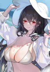 1girl :q absurdres azur_lane bikini blurry blurry_background breasts cleavage collarbone commentary_request crossed_bangs dutch_angle hair_between_eyes hat highres huge_breasts liuli_xiao long_hair long_sleeves looking_at_viewer navel official_alternate_costume open_clothes open_shirt outdoors partial_commentary red_eyes see-through_clothes see-through_shirt shirt solo string_bikini sun_hat swimsuit taihou_(azur_lane) taihou_(seaside_daydreams)_(azur_lane) tongue tongue_out upper_body very_long_hair white_bikini white_hat white_shirt