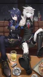 2girls absurdres aerial_fireworks animal_ears ankle_boots arknights ascot ashtray belt belt_buckle black_ascot black_belt black_boots black_gloves black_pantyhose blue-eyes_white_dragon bolo_tie boots buckle cigarette colored_skin commentary couch drink fireworks gloves grey_hair grey_skin grin hair_between_eyes highres holding holding_drink indoors knee_up lappland_(arknights) lappland_the_decadenza_(arknights) long_hair long_sleeves looking_at_viewer material_growth multicolored_eyes multiple_girls official_alternate_costume oripathy_lesion_(arknights) pantyhose purple_eyes purple_hair red_gloves shoe_soles sitting smile tabletennis229 texas_(arknights) texas_the_omertosa_(arknights) texas_the_omertosa_(il_segreto_della_notte)_(arknights) two-tone_eyes uneven_eyes wolf_ears wolf_girl