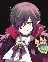 Rule 34 | 1boy, black background, black bow, black bowtie, black choker, black hair, bow, bowtie, buttons, choker, closed mouth, collared shirt, commentary request, datenshi no fu, despair god morroc, fur collar, green brooch, hair between eyes, hair over one eye, highres, long bangs, looking at viewer, male focus, pointy ears, ragnarok masters, ragnarok online, shirt, short hair, simple background, smile, solo, upper body, variant set, white shirt, yellow eyes
