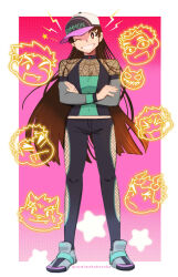 1girl baseball_cap border brown_eyes clothing_cutout covered_navel crossed_arms detached_sleeves devil_(housamo) fishnet_cutout fishnets full_body gradient_background grey_footwear grin hanuman_(housamo) hat long_hair midriff_peek moritaka_(housamo) motoori_shiro one_eye_closed protagonist_2_(housamo) sakimori_toji smile standing sumi_wo_hakuneko takabushi_kengo thigh_cutout tokyo_houkago_summoners twitter_username very_long_hair white_border yakushimaru_ryota