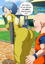 Rule 34 | 1boy, 1girl, ass, bald, bald male, black eyes, blue eyes, blue hair, blush, bulma, capsule corp, dragon ball, dragon ball super, dragon ball super super hero, english text, excited, excited for sex, highres, kuririn, muscular, muscular male, popblackcherry, speech bubble, surprised