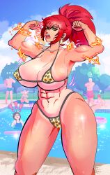 4girls angel_(kof) bikini bouncing_breasts breasts brown_hair bursting_breasts cameltoe curvy earrings fat_mons female_focus gold_bikini heidern highres huge_breasts itslavolpe jewelry jiggle large_breasts leona_heidern long_hair looking_at_viewer medium_hair multiple_girls nanakase_yashiro open_mouth orochi_leona outdoors panties ponytail pool red_hair shermie_(kof) shiny_skin short_hair sideboob standing swimsuit the_king_of_fighters thick_thighs thighs tight_clothes underboob underwear water wet white_hair wide_hips yashiro_nanakase yellow_eyes yuri_sakazaki
