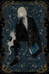 1boy 1other black_bow black_bowtie black_coat black_gloves black_pants black_shoes blonde_hair blunt_bangs book bow bowtie cat coat full_body gloves grey_socks haru_(sekhl) highres holding holding_book medium_hair original pants shirt shoes socks white_cat white_shirt