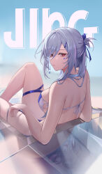 1girl absurdres alternate_costume back bare_shoulders bikini blue_bow blue_hair blue_sky bow breasts closed_mouth commentary day earrings english_commentary feet_out_of_frame from_behind hair_bow highres honkai:_star_rail honkai_(series) jewelry jingliu_(honkai:_star_rail) kinokoneko knee_up large_breasts leaning_back long_hair looking_at_viewer median_furrow red_eyes reflective_surface revision shoulder_blades sidelocks sitting sky solo swimsuit white_bikini