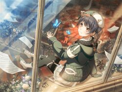 1girl armband asymmetrical_legwear bang_dream! boots braid braided_ponytail brown_eyes bug butterfly chair desk ear_piercing earrings flower french_horn from_above from_behind futaba_tsukushi green_nails hair_ribbon harp hat hood hood_down insect instrument jacket jewelry looking_back mismatched_legwear nail_polish o-ring o-ring_thigh_strap official_art outstretched_hand petals piano piercing purple_hair ribbon rose school_desk sheet_music side_ponytail single_thighhigh sitting smile solo stairs thigh_strap thighhighs third-party_source white_flower white_rose window windowsill