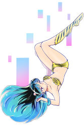 01angelegg 1girl animal_print armpits bare_arms black_hair black_stripes blue_hair bra breasts closed_mouth collarbone floating_hair full_body highres kneehighs lum multicolored_hair panties print_bra print_panties short_hair small_breasts socks solo strapless strapless_bra striped_bra striped_clothes striped_panties striped_socks tiger_print tiger_stripes two-tone_hair underwear underwear_only upside-down urusei_yatsura white_background yellow_bra yellow_eyes yellow_panties yellow_socks