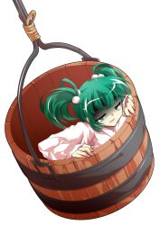 1girl alphes_(style) bucket commentary_request dairi full_body green_eyes green_hair hair_bobbles hair_ornament in_bucket in_container japanese_clothes jitome kimono kisume large_variant_set long_sleeves open_mouth parody shaded_face short_hair solo style_parody tachi-e touhou transparent_background twintails variant_set white_kimono wooden_bucket
