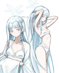 Rule 34 | 1girl, bikini, blue archive, braid, colored eyelashes, grey eyes, hair ornament, halo, highres, long hair, nagusa (blue archive), nagusa (swimsuit) (blue archive), official alternate costume, reiry (0ry rei), simple background, snowflake hair ornament, solo, swimsuit, white background, white bikini, white eyelashes, white halo