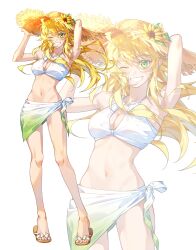 1girl ;d absurdres ahoge armpits arms_up bare_legs bikini blonde_hair blush breasts commentary commentary_request floating_hair flower full_body green_eyes groin hat hat_flower highres hoshii_miki idolmaster idolmaster_(classic) idolmaster_million_live! keeshu_050 large_breasts long_hair looking_at_viewer navel one_eye_closed open_mouth partial_commentary sandals sarong simple_background smile stomach straight_hair straw_hat sunflower swimsuit toes very_long_hair white_background white_bikini zoom_layer