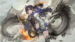 architecture black_hair braid breasts china_dress chinese_clothes dragon dress east_asian_architecture eastern_dragon fingerless_gloves gloves highres leg_armor leg_up medium_breasts red_eyes shorts smile starward sunga2usagi twintails xiaoling_(starward)
