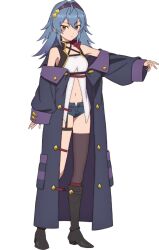 1girl anime_coloring blue_hair breasts brown_eyes closed_mouth eyebrows_hidden_by_hair full_body hair_between_eyes hairband hayasato_satsuki jacket katainaka_no_ossan_kensei_ni_naru long_hair long_sleeves looking_at_viewer mewi_freya micro_shorts navel official_art outstretched_arm oversized_clothes purple_hairband purple_jacket short_shorts shorts simple_background sleeveless small_breasts solo tachi-e thighhighs transparent_background tsurime