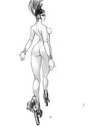 1girl 2017 absurdly_long_hair arms_behind_back ass bayonetta bayonetta_(series) bayonetta_1 beehive_hairdo breasts butt_crack commentary curvy dual_wielding earrings female_focus foreshortening full_body glasses greyscale gun handgun high_heels highres holding jewelry joel_jurion large_breasts living_clothes long_hair looking_at_viewer looking_back mole mole_under_mouth monochrome nipples pistol prehensile_hair sideboob simple_background solo thick_lips thick_thighs thighs variant_set very_long_hair walking weapon white_background