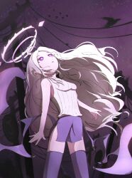Rule 34 | 1girl, arupakkadesu pixv, bird, black halo, black skirt, black thighhighs, blue archive, breasts, demon girl, demon horns, demon wings, halo, highres, hina (blue archive), horns, looking up, night, night sky, outdoors, purple eyes, shirt, skirt, sky, small breasts, solo, standing, thighhighs, thighs, white shirt, wings
