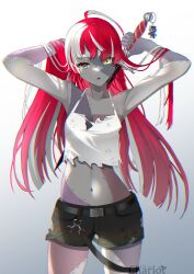 1girl absurdres ahoge armpits arms_up chariot_(teachariot828) colored_skin diamond-shaped_pupils diamond_(shape) gradient_eyes green_eyes heterochromia highres holding holding_weapon hololive hololive_indonesia kureiji_ollie looking_at_viewer midriff mismatched_eyes multicolored_eyes multicolored_hair red_eyes red_hair solo standing stitched_arm stitched_face stitched_leg stitched_torso stitches sword symbol-shaped_pupils torn_clothes virtual_youtuber weapon white_hair x-shaped_pupils yellow_eyes zombie