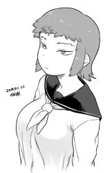 1girl black_sailor_collar breasts collared_shirt dated greyscale large_breasts long_sidelocks long_sleeves monochrome original sailor_collar shirt short_hair sidelocks signature simple_background solo tsukudani_(coke-buta) upper_body white_background white_shirt