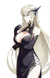 Rule 34 | 1girl, absurdres, artoria pendragon (fate), artoria pendragon (lancer alter) (fate), artoria pendragon (lancer alter) (fgo fes. 2025) (fate), bare shoulders, black dress, black gloves, blonde hair, breasts, cleavage, dress, elbow gloves, fate/grand order, fate (series), fudayasa, gloves, gold trim, hair between eyes, highres, horns, large breasts, long hair, side slit, sidelocks, solo, thighs, yellow eyes