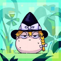 Rule 34 | 1girl, absurdres, black eyes, black hat, blonde hair, bow, braid, closed mouth, commentary request, grass, hair bow, half-closed eyes, hat, highres, kirisame marisa, looking at viewer, psychic parrot, side braid, single braid, solo, touhou, unamused, white bow, witch hat, yukkuri shiteitte ne