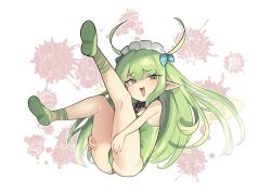 1girl antenna_hair ass bare_shoulders black_souls breasts collar fairy fairy_wings green_eyes green_hair green_leotard green_shoes hands_on_own_thighs highres kneepits leaf_(black_souls) leaning_back legs legs_up leotard long_hair maid_headdress monomogi naughty_face open_mouth pointy_ears shoes sitting small_breasts smile solo strapless strapless_leotard thighs wings